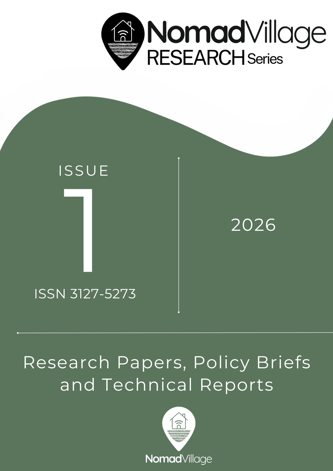 This cover represents the first issue of the NomadVillage Research Series, published in January 2026. The series is an open access institutional publication dedicated to applied research, policy briefs, and technical reports addressing territorial development, rural innovation, and digital mobility.